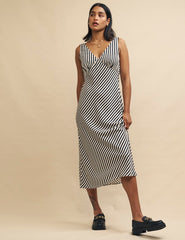 Black and White Stripe Satin Helena Midi Dress