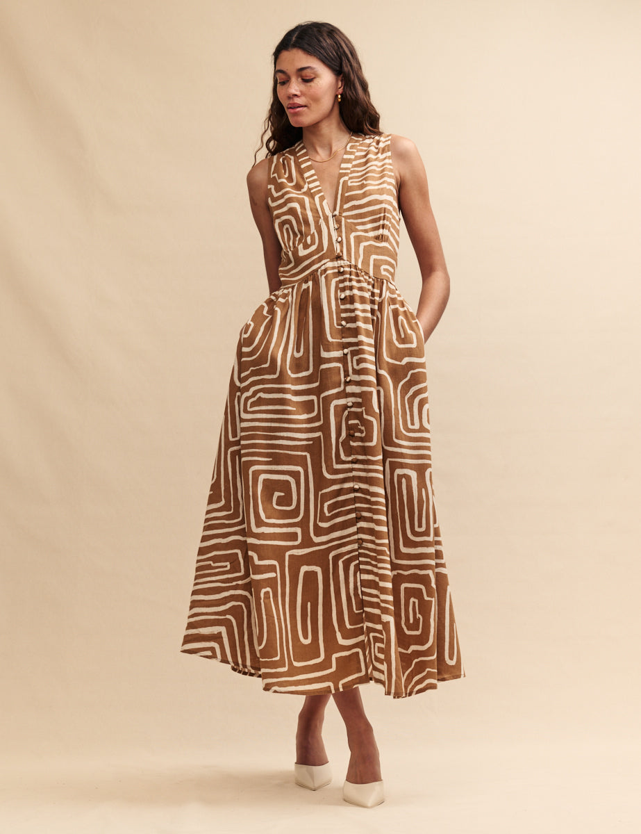Brown Abstract Starlight Midaxi Dress