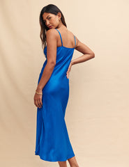 Blue Satin Jaquard Ida Midi Dress