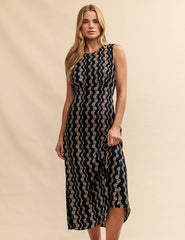 Black Wave Print Devi Midi Dress