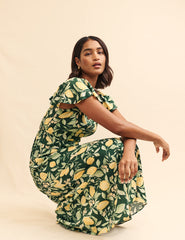 Green Lemon Print Elsie Midi Dress