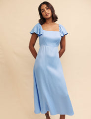 Blue Satin Jaquard Elsie Midi Dress
