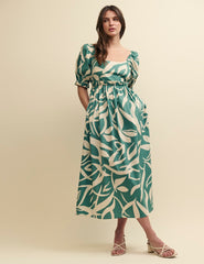 Green Leaf Print Ginger Smock Midi Dress