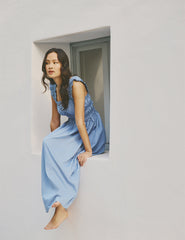 Blue Shirred Ruffle Trim Lennie Midi Dress