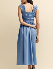 Blue Shirred Ruffle Trim Lennie Midi Dress