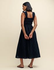 Black Shirred Ruffle Trim Lennie Midi Dress