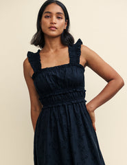 Black Shirred Ruffle Trim Lennie Midi Dress