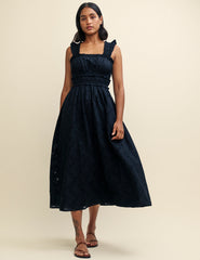 Black Shirred Ruffle Trim Lennie Midi Dress