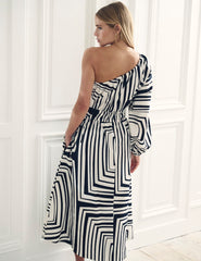 Black and White Printed One Shoulder Saffy Midi Dress