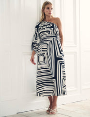 Black and White Printed One Shoulder Saffy Midi Dress