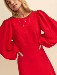 Red Balloon Sleeve Zora Midi Dress