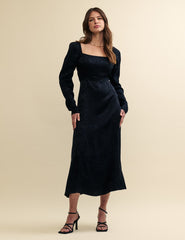 Black Satin Jacquard Abby Midi Dress