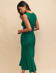 Green A-line Ribbed Midi Dress