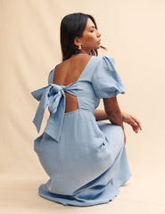 Blue Balloon Sleeve Zola Midi Dress