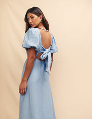 Blue Balloon Sleeve Zola Midi Dress