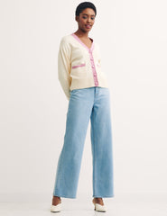 Cream and Pink Contrast Stitch Cardigan