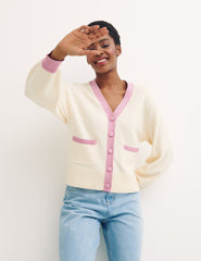 Cream and Pink Contrast Stitch Cardigan