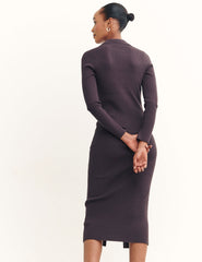 Brown Button Through Rib Knit Collared Midi Dress