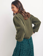 Green Shoulder Gathered Crew Neck Jumper