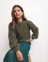 Green Shoulder Gathered Crew Neck Jumper