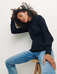 Black Rib High Neck Button Shoulder Detail Top