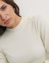 Cream Rib High Neck Button Shoulder Detail Top