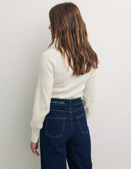 Cream Rib High Neck Button Shoulder Detail Top