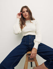 Cream Rib High Neck Button Shoulder Detail Top