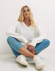 Cream Long Line Slouchy V-Neck Jumper