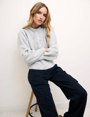 Grey Volume Sleeve Pointelle Panel Jumper