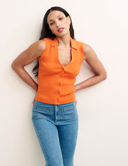 Orange Sleeveless Button Through Knitted Top