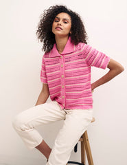 Pink Mock Crochet Stripe Cardigan