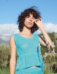 Blue Mock-Crochet Knit Patchwork Vest