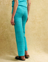 Blue Mock-Crochet Knit Patchwork Trousers