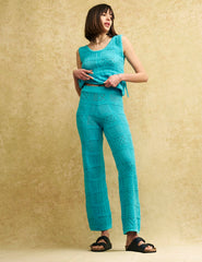 Blue Mock-Crochet Knit Patchwork Trousers