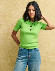 Green Collar Ribbed Knit Top