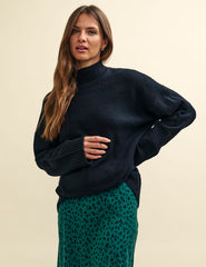 Black Funnel Neck Longline Knitted Jumper