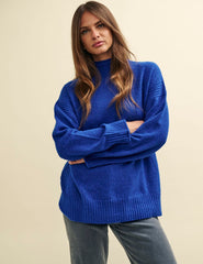 Blue Funnel Neck Longline Knitted Jumper
