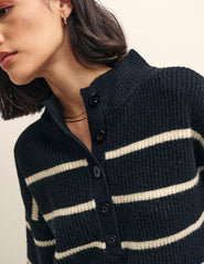 Black Stripe Knitted Half Button Funnel Neck Jumper