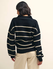 Black Stripe Knitted Half Button Funnel Neck Jumper
