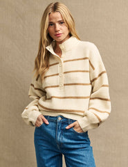 Cream Stripe Knitted Half Button Funnel Neck Jumper
