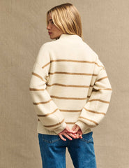 Cream Stripe Knitted Half Button Funnel Neck Jumper