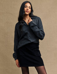 Grey Open Collar Knitted Jumper