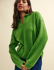 Green Open Collar Knitted Jumper