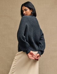 Grey Rib Knit V-Neck Button-Up Cardigan