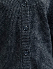 Grey Rib Knit V-Neck Button-Up Cardigan