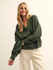 Khaki Green Rib Knit V-Neck Button-Up Cardigan