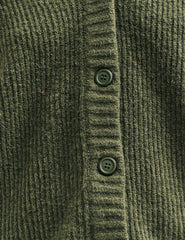 Khaki Green Rib Knit V-Neck Button-Up Cardigan