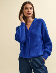 Blue Rib Knit V-Neck Button-Up Cardigan