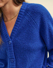Blue Rib Knit V-Neck Button-Up Cardigan